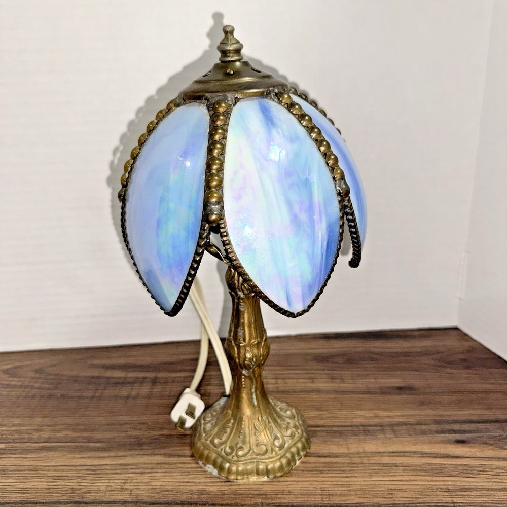Vintage Meyda Tiffany Lighting 11.5" H Petal Bud Mini Lamp Blue Opal Brass